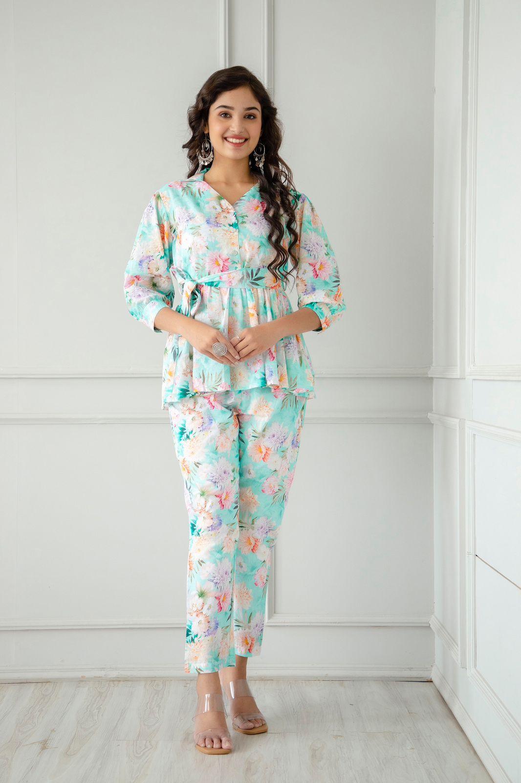 Aqua Blue Printed Linen Co-ord Set