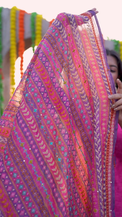 Pink Chanderi Kurta Pant With Multi Colored Hand Embroidred Heavy Dupatta