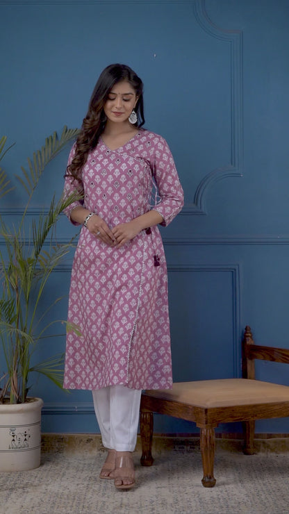 Lavender Colour Angarkha A-line Kurta with Bejiya and Mirror Work