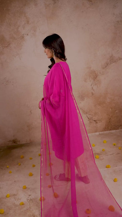 Hot Pink Handloom Fabric Embroidered straight Kurta with Pant with Doria Dupatta