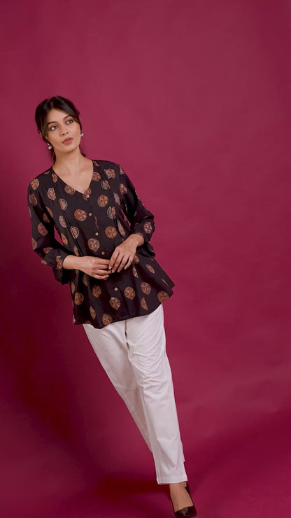 Coffee Brown Hand Block Printed Tunic Top