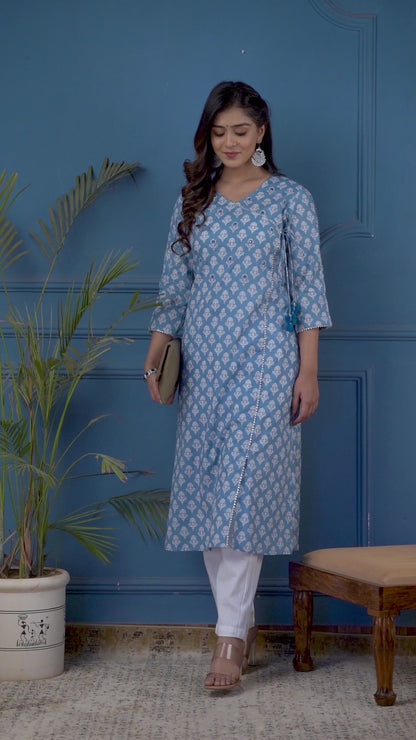 Blue Angarkha A-line Kurta with Bejiya and Mirror Work