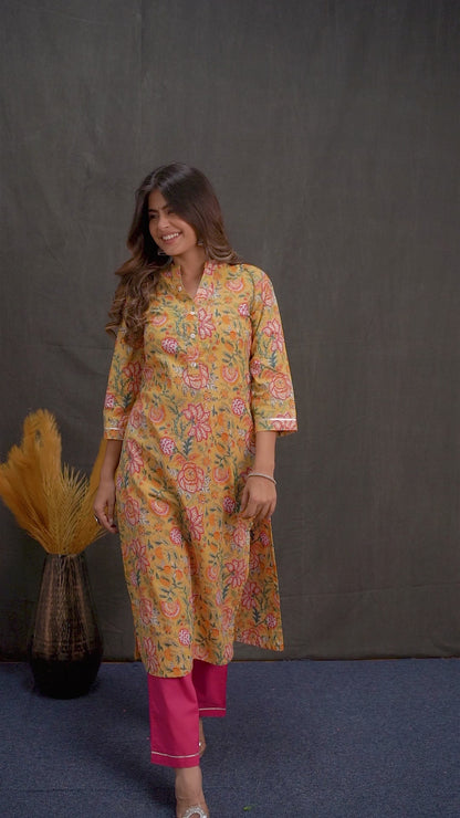 Yellow Printed Kurta Pant Set